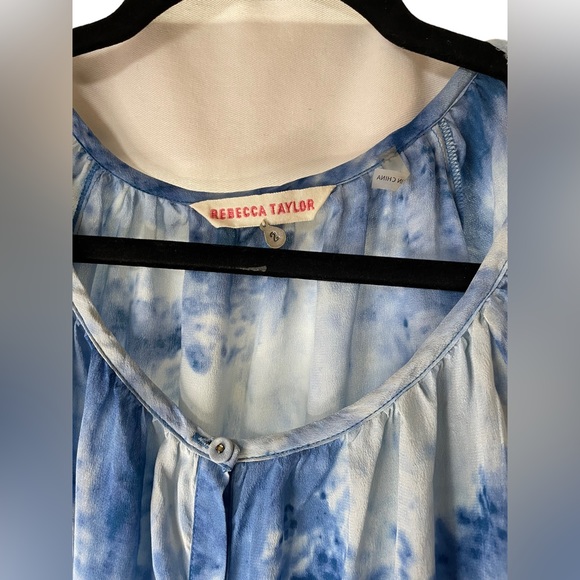 Rebecca Taylor size 2 silk blouse blue beige with waist tie to cinch - Picture 5 of 8